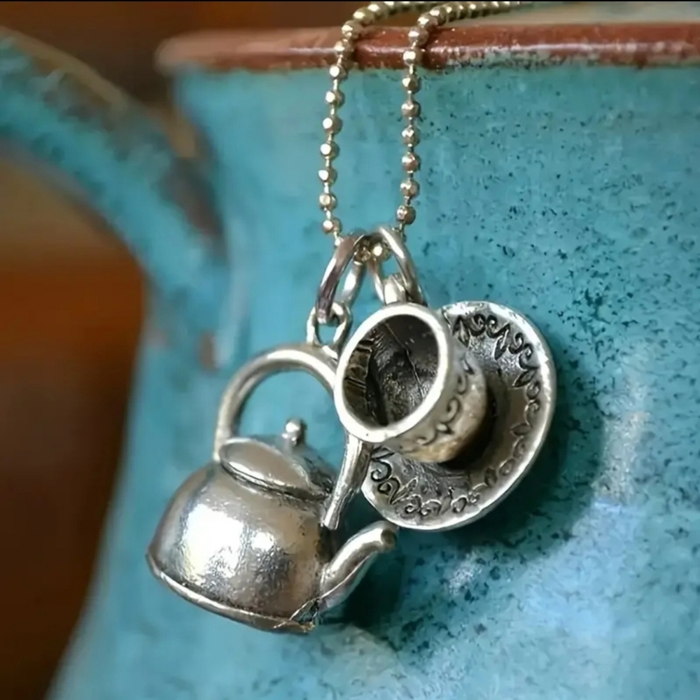 Silver Teapot and Teacup Pendant Necklace